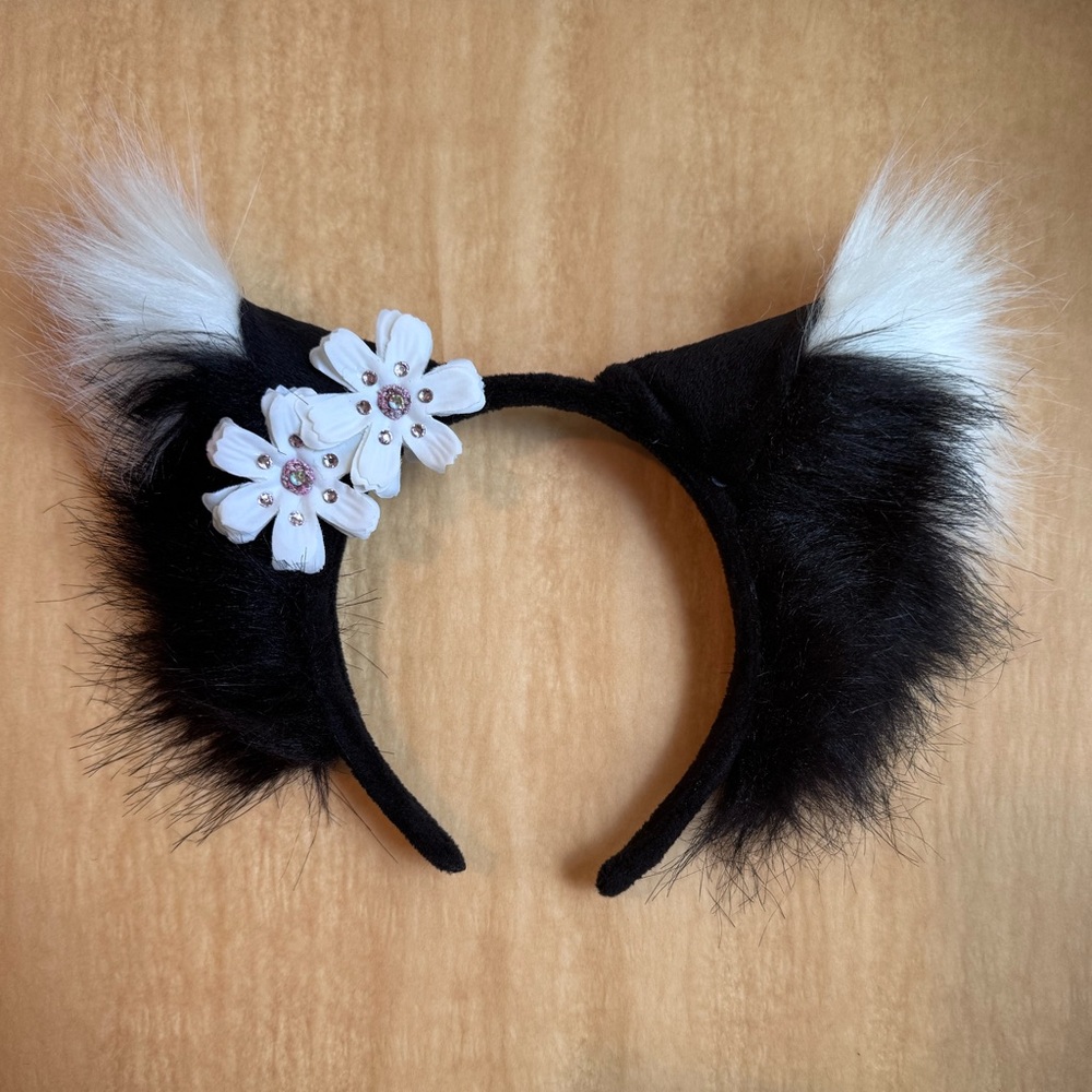 Kitty cat ears with sparkly flower - Black and White Furry Ear Headband